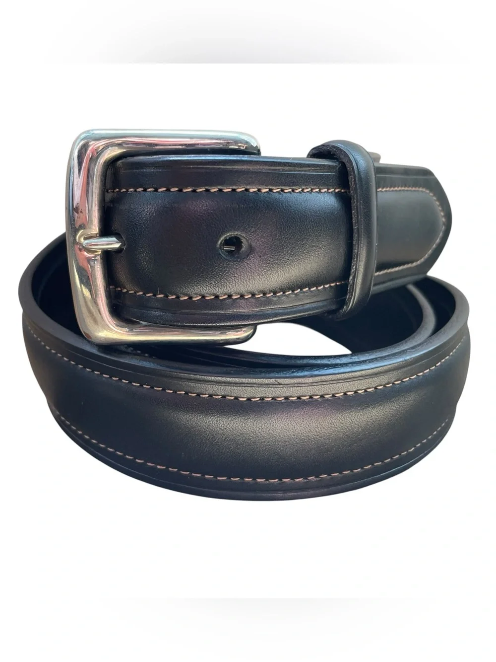 Polo Ralph Lauren Belt Black Italian Leather Solid Brass Buckle Stitch Mens 40